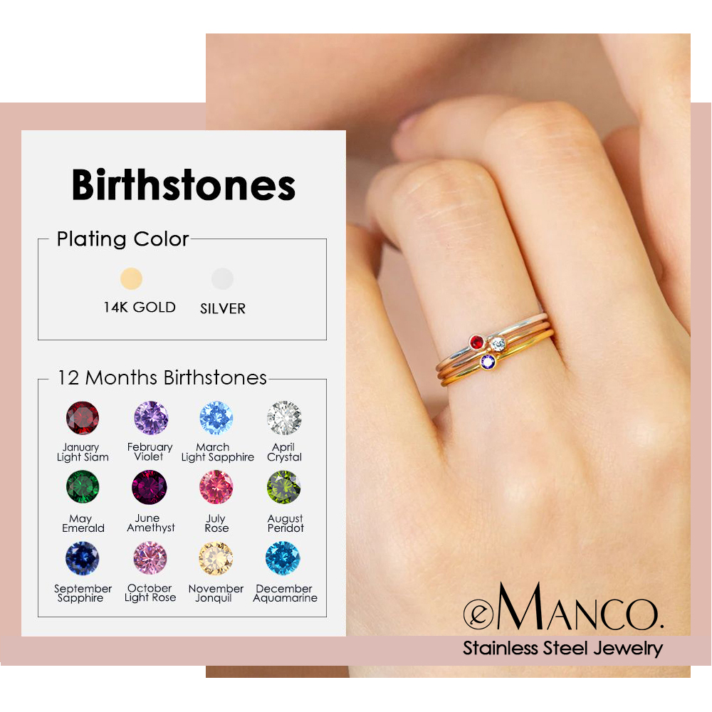 Birthstone Ring Set - EManco Stainless Steel Birthstone Ring Gold