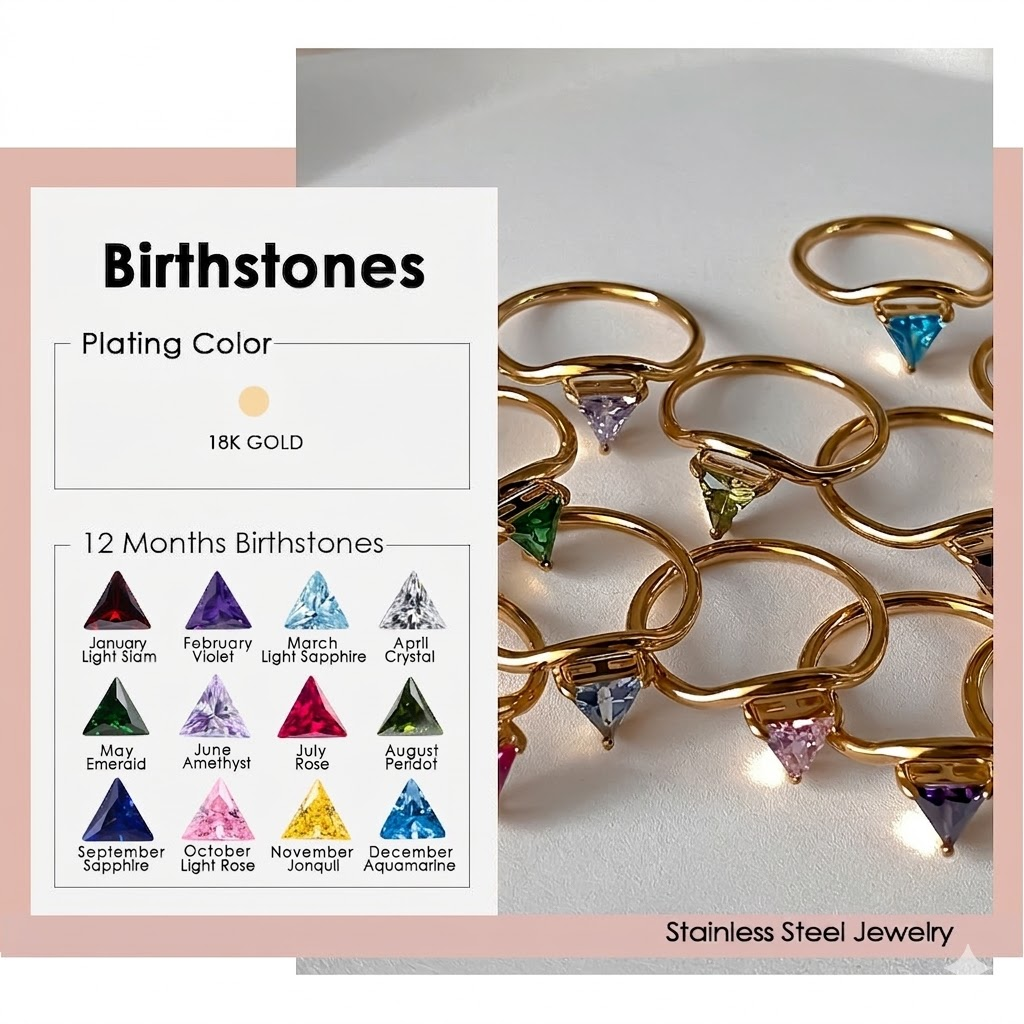 Minimalist 18K Gold Plated Tri - Birthstone Ring Set 评论和价格
