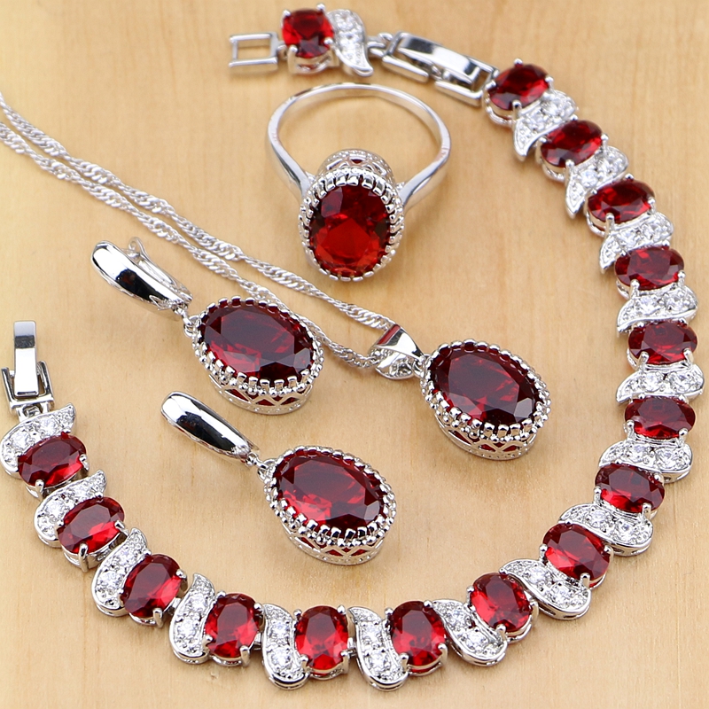 Natural 925 Silver Jewelry Red - Birthstone Ring Set 评论和价格